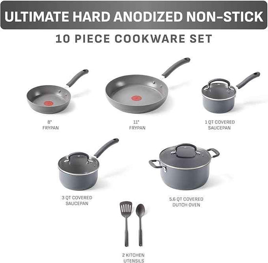 T-Fal Ultimate Hard Anodized Nonstick 10 Piece Cookware Set, Oven Safe Up to 400°F, Dishwasher Safe, Pots and Pans Set, Includes Frying Pans, Saucepan, Stockpot, Cooking Utensils, Grey