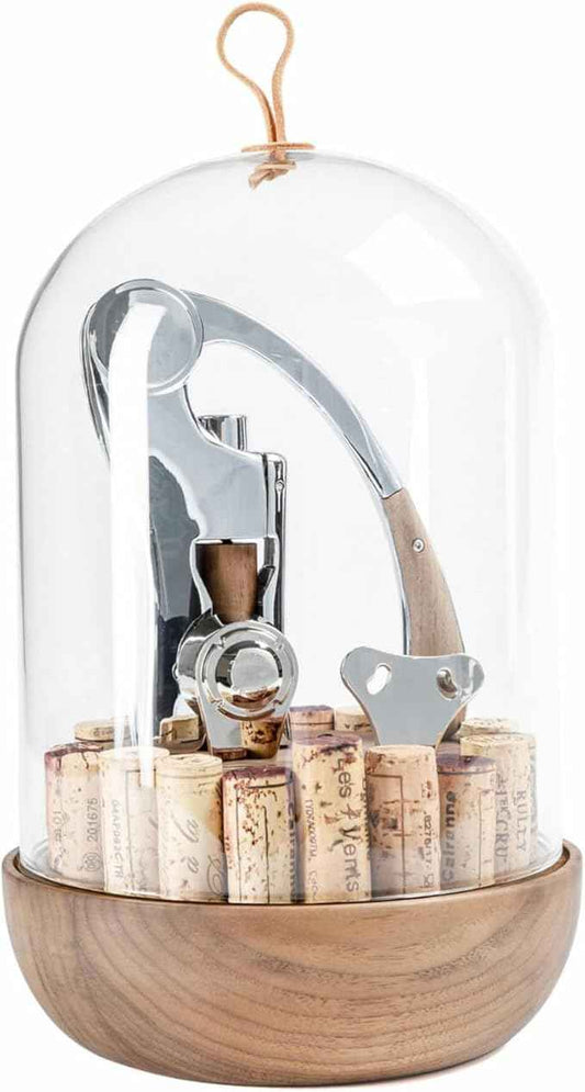L'atelier Du Vin Oeno Motion Groom Corkscrew & Cork Dome Glass Cloche Display - Tabletop Centerpiece Walnut Wood Base Wine Tasting, Luxury Sommelier Gift Set, Wine Bottle Opener Designed In France