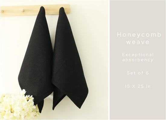 PurpleEssences Waffle Weave Kitchen Towel, 100% Cotton - 15 x 25 Inches, with Hanging Loop Ultra Soft Absorbent Quick Drying Dish Cloth, Tea and Hand Towels, 6 Pack - Spring Summer - Black - Nestoria