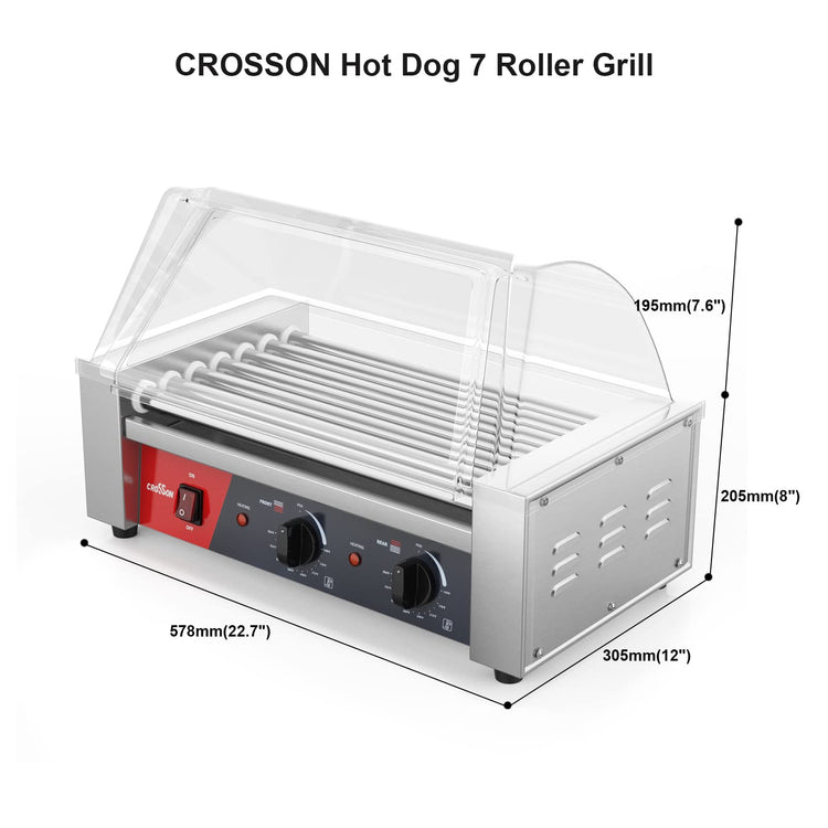 Hot Dog 7 Roller Grill Cooker Machine with Transparent Sneeze Guard