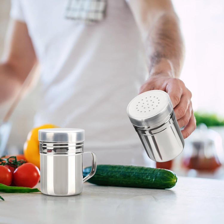 Accmor 2pcs Stainless Steel Dredge, Salt Pepper Dredge Shakers with Handle, Seasonings Spice Shakers with Lid, 6 Ounce