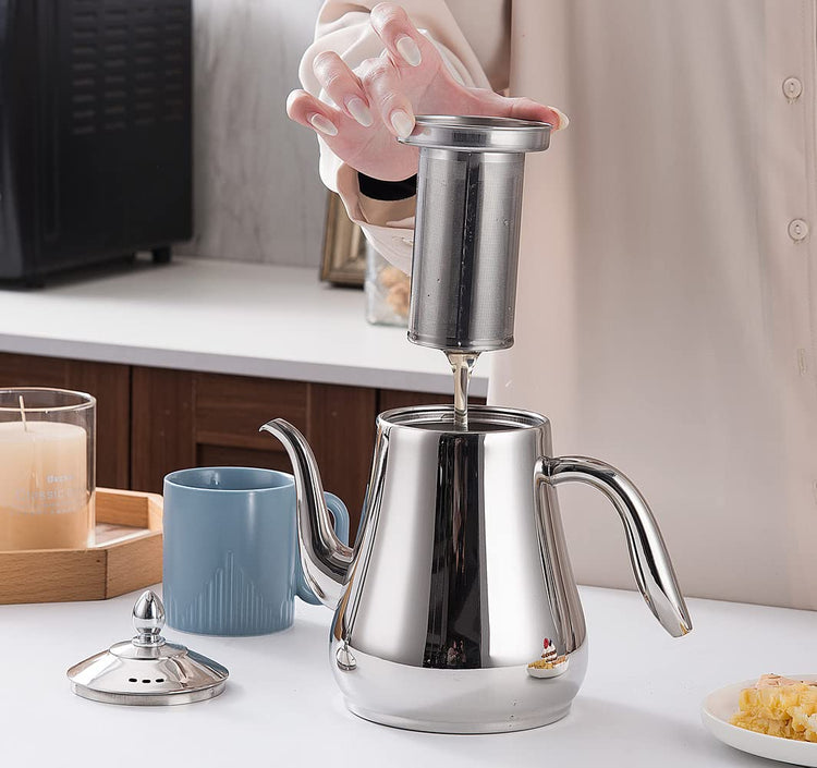 Stainless Steel Teapot with strainer Tea Pot With Removable Infuser or filter for Loose Leaf and Tea Bags cold water Pitcher Tea Maker Dishwasher Safe