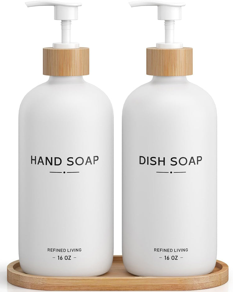 Hand and Dish Soap Dispenser Set,16oz Glass Bottles with Printed Labels, Bamboo Tray & Pump,Countertop Soap Dispensers for Kitchen,Luxury, Minimalist & Farmhouse Decor (Hand Dish (White))