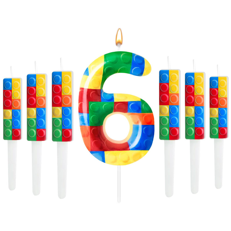 7 Pcs Building Block Themed Birthday Candles Set Building Blocks Number 6 Candle Cake Topper for Building Block Party Decoration Supplies (7 Count)