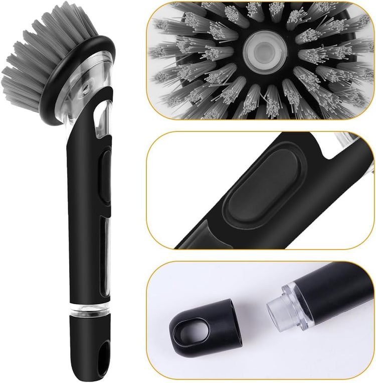 AUAUY Dish Brush with Soap Dispenser, Advanced Soap Control Dishwashing Brush, Dish Scrub Brushes with Handle, Kitchen Scrubbers for Dishes, Pan, Pot, Sink Cleaning Brushes