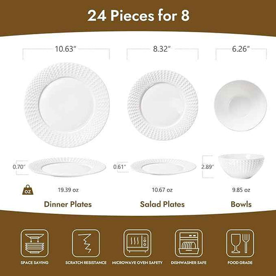 KINGSTONE Bone China Dinnerware Set, 24-Piece White Lightweight Porcelain for 8, Plates and Bowls with Rhombus patterned edge design, Microwave and Dishwasher Safe, for Family, Restaurant, Gifting