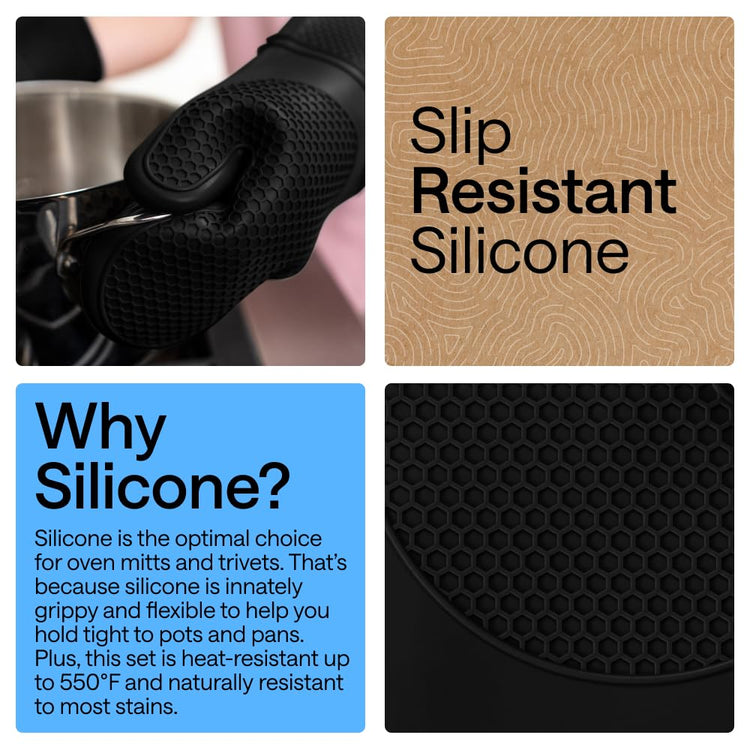 BPA Free Soft Silicone Oven Mitts and Pot Holders Sets of 4 (4 Count)