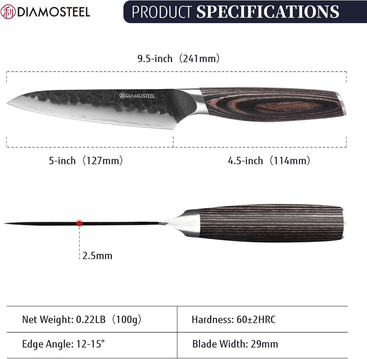 Utility Knife - 5-Inch Professional Kitchen Utility Knife - Hammered Black Oxide Blade Japanese 9CR18MOV High Carbon Stainless Steel - Ergonomic Pakkawood Handle with Present Box
