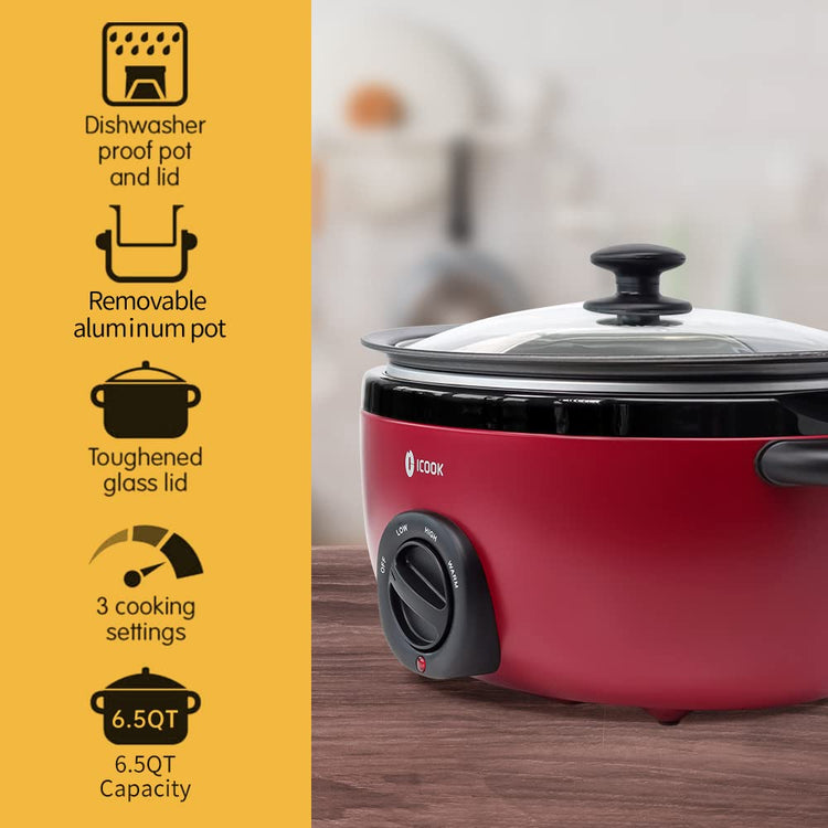 USC-65-OP001RD 6.5 Quart Slow Cooker,Aluminium Sear/Sauté Stew Pot Stovetop safe,Dishwasher Safe,Glass Lid,Adjustable Temp,Food Warmer(Red)
