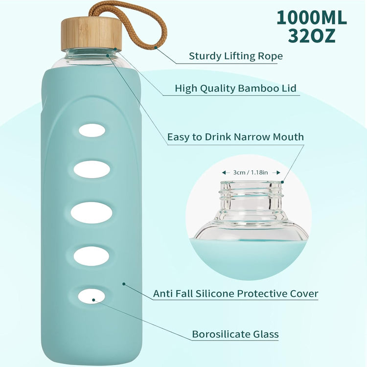 Sport 32oz Glass Water Bottle 1000ml /1 liter Borosilicate Glass Water Bottle Reusable Waterbottle Jugwith Silicone Sleeve and Unique Lid (Cyan