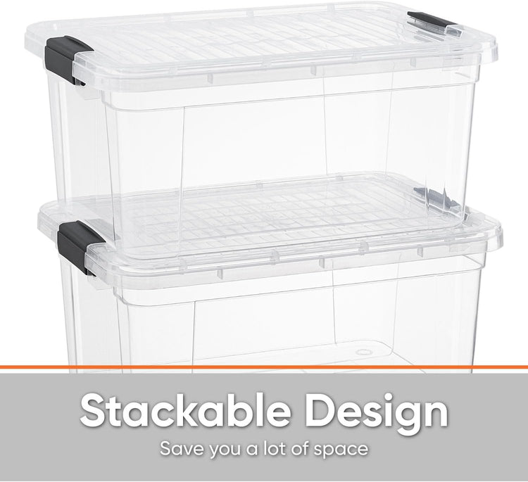 Superio Storage Bins with Lids- 4 Pack, 6.6 Qt Clear Boxes for Organizing, Stackable Plastic Containers- BPA Free, Non-Toxic, Odor Free, Organizer for Home, Office, Dorm