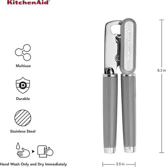 KitchenAid Classic Multifunction Can Opener and Bottle Opener Easy to Use, Razor Sharp Stainless Steel Cutting Wheel, Soft Ergonomic Handles, Gray