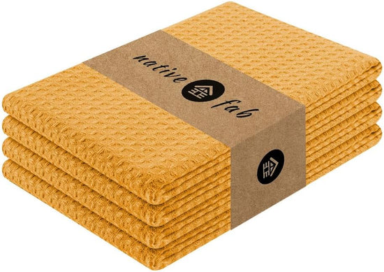 Native Fab Cotton Kitchen Towel with Hanging Loop 16x26 inches, 4-Pack, Waffle Weave Kitchen Towels for Cleaning Drying, Washcloths Soft & Absorbent Cloth Rags, Bar Towel, Dish Cloth, Mustard Yellow - Nestoria