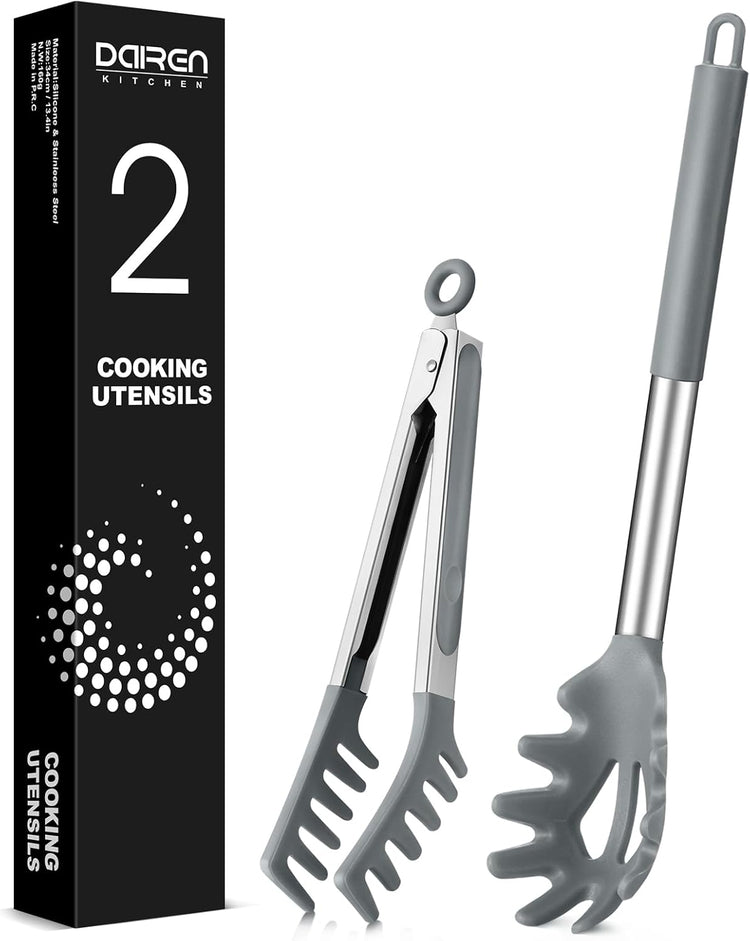 Spaghetti Spoon and Pasta Tong, Non-stick Silicone Spoon Server Fork With Teeth and Stainless Steel Handle, Food Clip for Noodles (Grey)