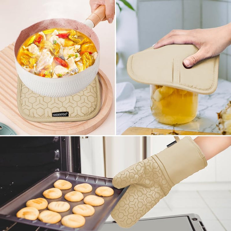 Oven Mitts and Pot Holders Sets 6pcs, Kitchen Oven Glove,High Heat Resistant 550 Degree Extra Long Oven Mitts and Potholders with Non-Slip Silicone Surface for Home Essentials (Grey) (Khaki)
