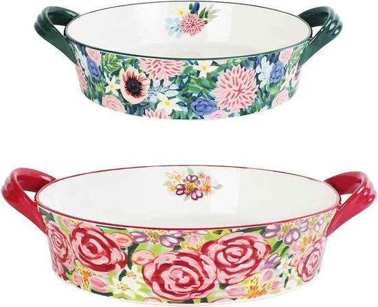 Two-piece baking pan set: Hand-painted floral ceramic baking pan with creative double handles, suitable for lasagna, quiche, apple pie, etc, a housewarming or wedding gift. (Combination 1)