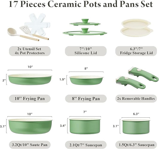 Bazova Ceramic Nonstick Cookware Set, Healthy,Non Toxic,17-Pieces Pots and Pans Set Removable Handles,Induction RV Kitchen Set,Stain & Scratch-resistant,Dishwasher/Oven Safe,PFAS/PFOA Free,Green