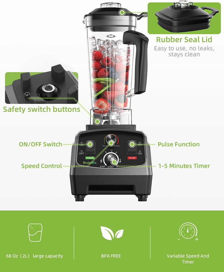 BioloMix Professional Blender,Smoothie Blender,Blender for Kitchen with 2200 Watt Motor,68 Oz Large Capacity, High Speed Blender for Shakes, Smoothies, Ice Crushing, Frozen Fruits (with Extra Parts)