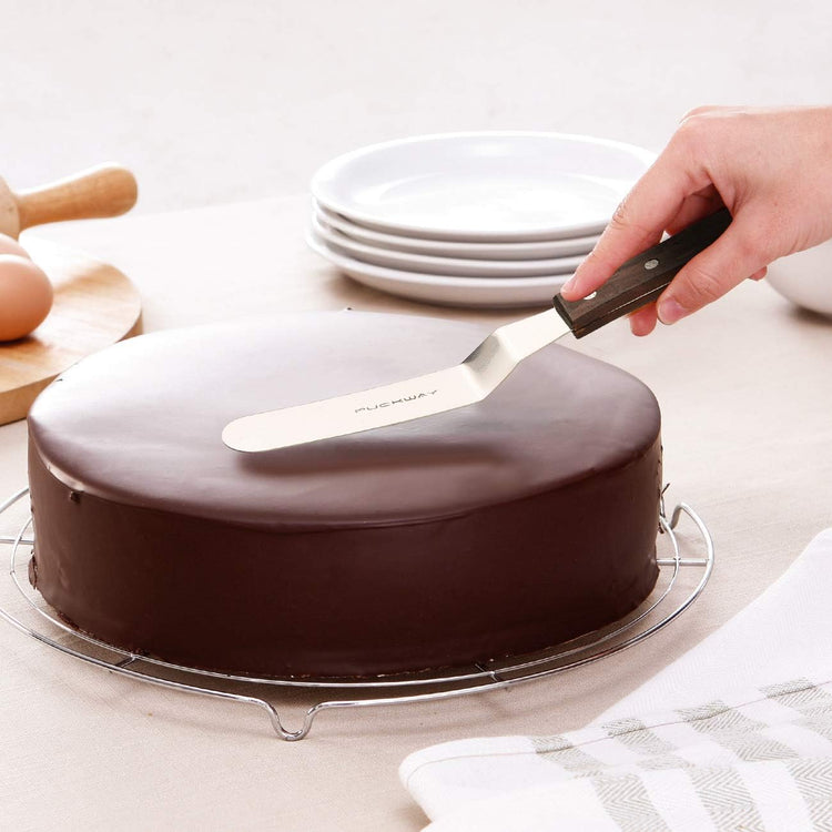 Offset Cake Icing Spatula Set of 4- Professional Stainless Steel Cake Decorating Frosting Spatulas, 4"-6"-8"-10" Flexible Resistant Blade, Wooden Handle For Easy Grip
