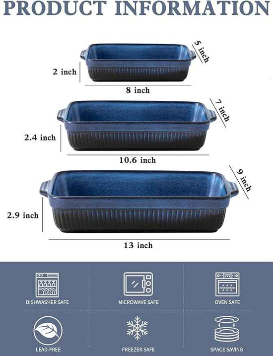 Kanwone Ceramic Baking Dishes, Rectangular Lasagna Pans, Casserole Dishes, Bakeware Set for Cooking, Kitchen, Cake Dinner, 9 x 13 Inches, Stripe Series - Reactive Glazed (Bright Blue)