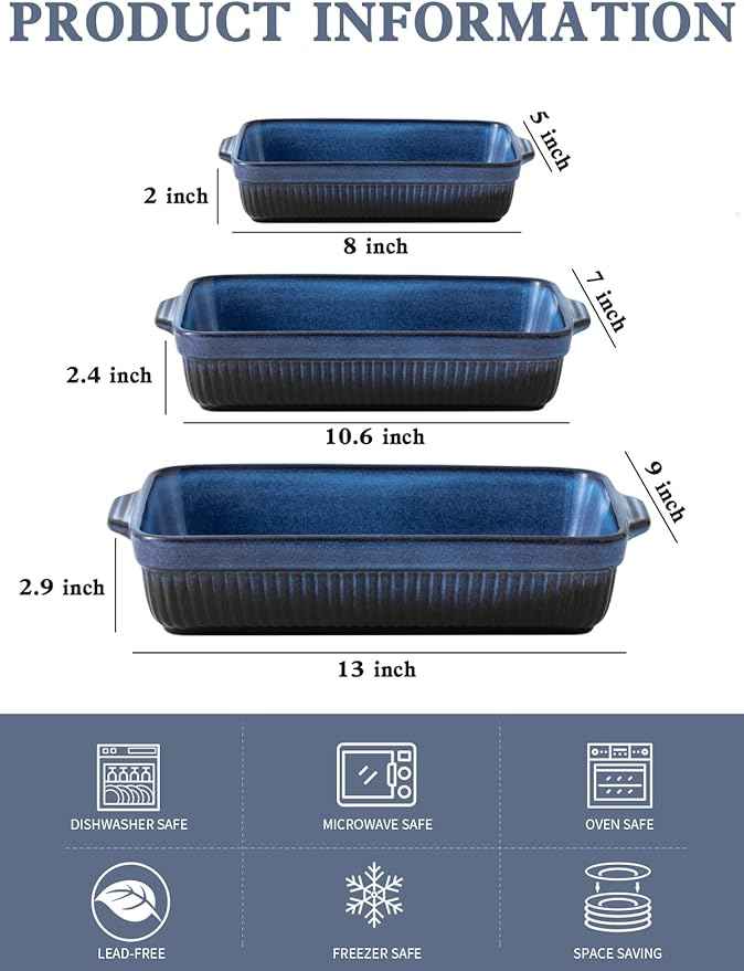 Kanwone Ceramic Baking Dishes, Rectangular Lasagna Pans, Casserole Dishes, Bakeware Set for Cooking, Kitchen, Cake Dinner, 9 x 13 Inches, Stripe Series - Reactive Glazed (Bright Blue)