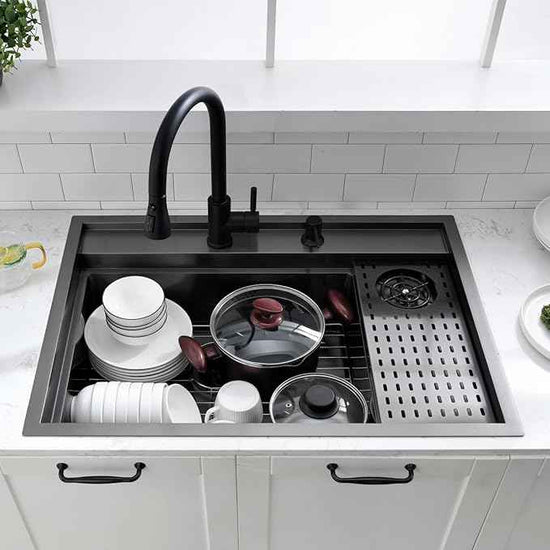 33 Inch Black Drop In Kitchen Sink Workstation with Glass Rinser -VOKIM 33x22 Drop In sink Workstation Stainless Steel 16 Gauge Deep Single Bowl Kitchen Sink with Cup Washer
