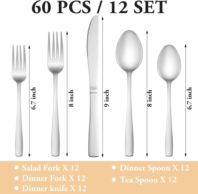 60 Piece Silverware Set Service for 12,Premium Stainless Steel Flatware Set,Mirror Polished Cutlery Utensil Sets,Durable Home Kitchen Eating Tableware Sets,Include Fork Knife Spoon,Dishwasher Safe