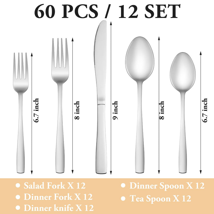 60 Piece Silverware Set Service for 12 (60 Count)