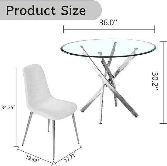 AF ARTISAN FURNITURE 36" Round Glass Dining Table Set for 4, 5-Piece Modern Kitchen Table with 4 White Velvet Chairs, Modern Circle Leisure Table for Home Office Dining Room Small Spaces (Silver Leg)