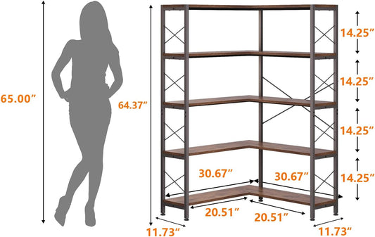 5-Shelf Corner Bookshelf, Vintage Industrial L-Shaped Bookshelf Etagere Bookcase, Large Book Shelf with Metal Frame Open Storage Corner Cabinet (Retro Brown-5 Shelf)