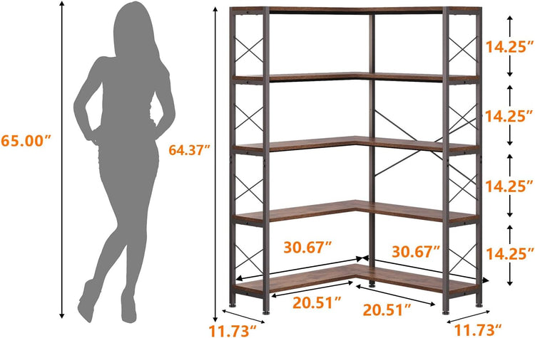 5-Shelf Corner Bookshelf, Vintage Industrial L-Shaped Bookshelf Etagere Bookcase, Large Book Shelf with Metal Frame Open Storage Corner Cabinet (Retro Brown-5 Shelf)