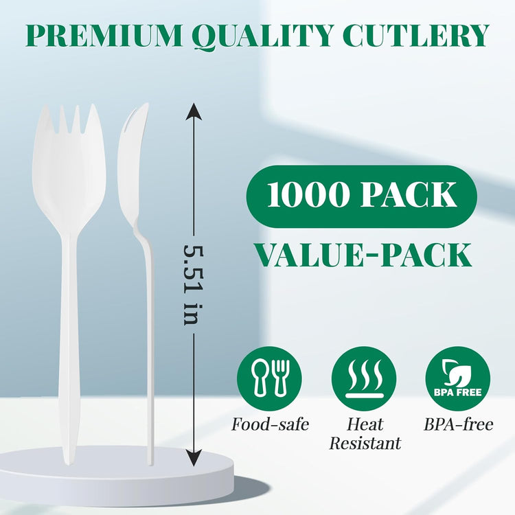FOCUSLINE 1000 Count White Plastic Sporks, Disposable Sporks Bulk, Heat Resistant Disposable for Take out Restaurants, Family Gatherings, Outdoor Activities