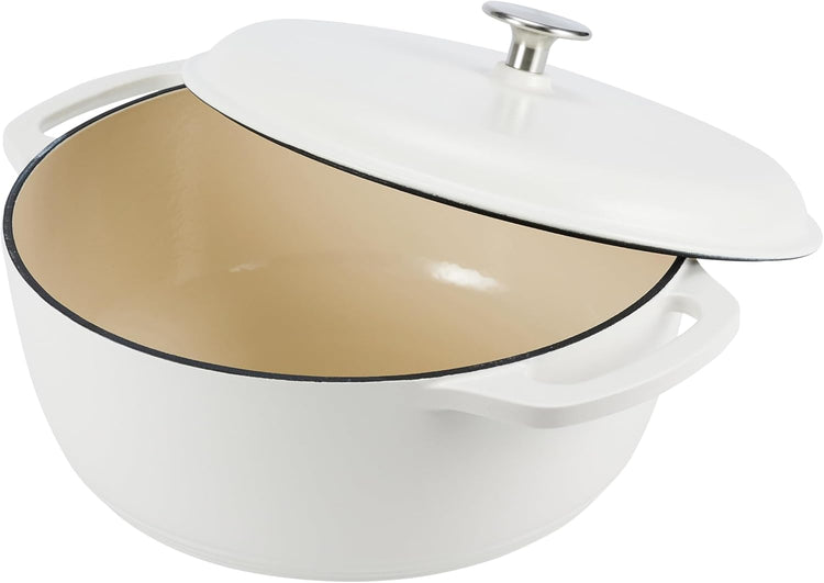 Amazon Basics Cast Iron Dutch Oven Pot with Lid, Enameled, Round, Dual Handles, Heavy-Duty, Medium, 6-Quart, Matte White - Nestoria