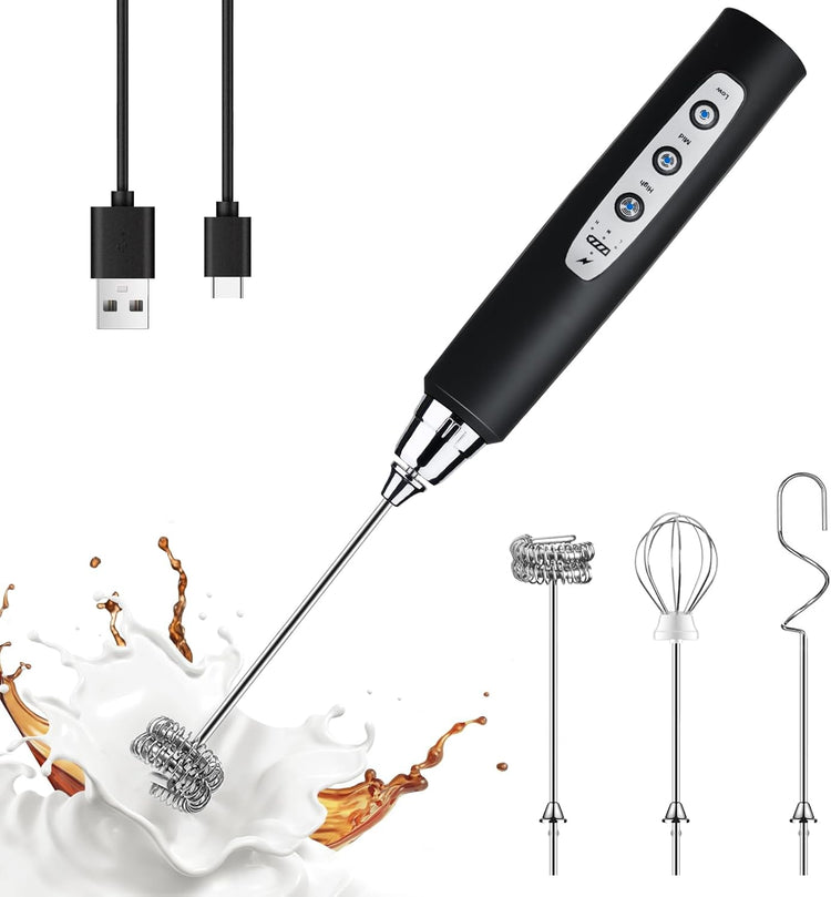YUSWKO Black Handheld Milk Frother Wand for Coffee, Rechargeable Electric Whisk with 3 Heads 3 Speeds Drink Mixer Coffee Frother For Latte, Cappuccino, Hot Chocolate, Egg