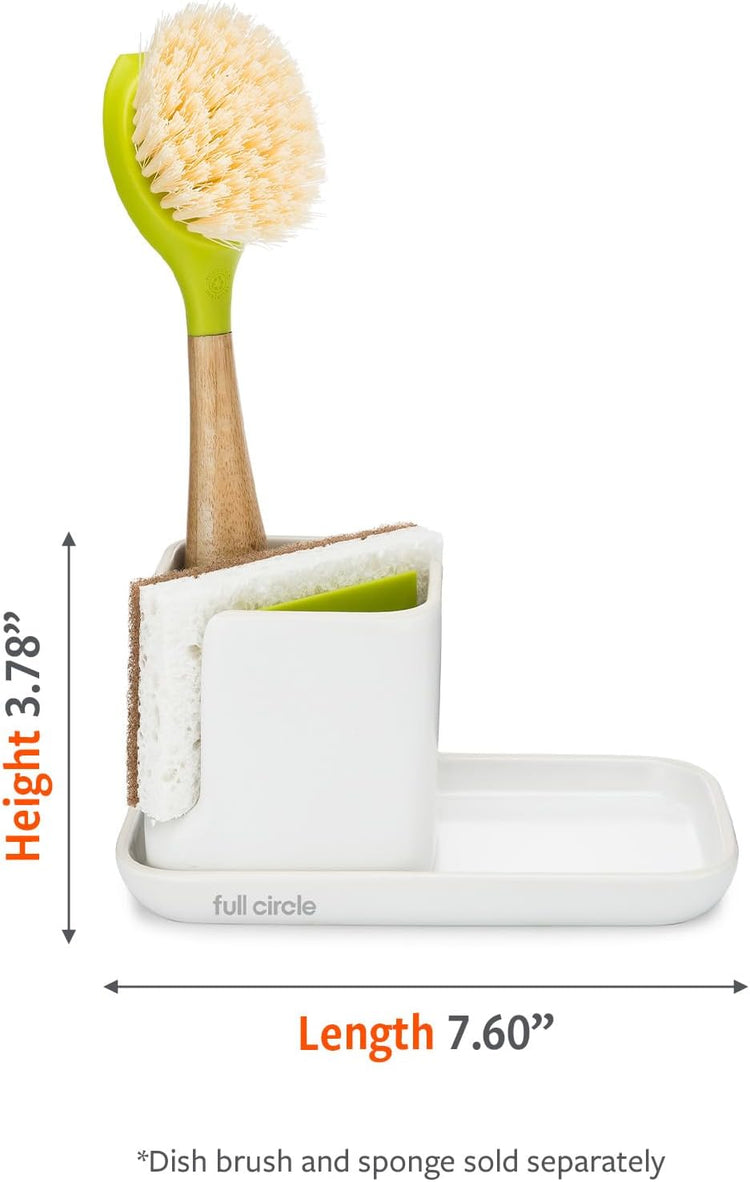 Full Circle Stash, Ceramic Kitchen Sink Caddy, Stylish Modular Sponge Holder & Dish Brush Organizer, Green and White, 11"