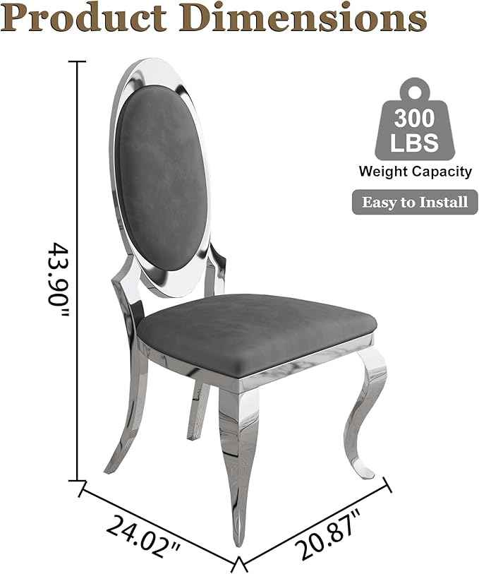 Modern Dining Chairs Set of 6, Luxury Velvet Upholstered Armless Dining Room Chair with Mirrored Stainless Steel Silver Legs, Mid Century Accent for Wedding Party Banquet Reception, Grey