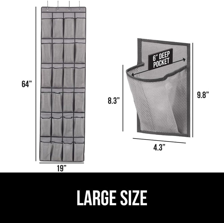 GORILLA GRIP Over the Door Shoe Organizer, 24 Extra Large Breathable Mesh Pockets, Space Saving Hanging Storage Holder, 4 Hook Closet Rack Hanger, Hangs on Closets for Shoes and Accessories, Gray