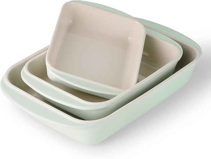 Tramontina Mae 3-Piece Ceramic Porcelain Baking Pans Set, Non Stick Casserole Dishes for Oven, Rectangular Bakeware for Lasagna, Cakes and Loafs (Mint)