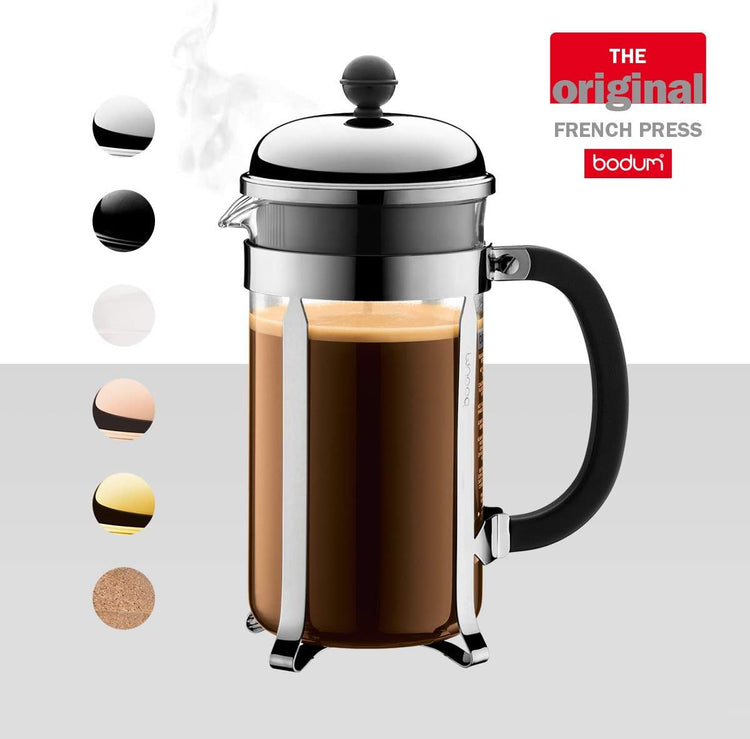 Bodum 34oz Chambord French Press Coffee Maker, High-Heat Borosilicate Glass, Stainless Steel, Black – Made in Portugal