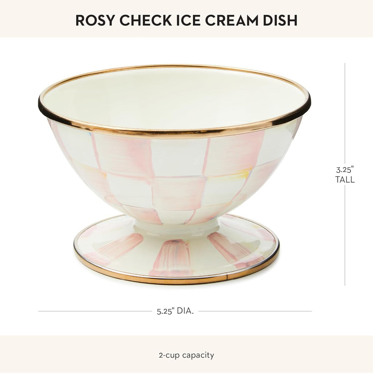 MACKENZIE-CHILDS Enamel Ice Cream Bowl, Serving Bowl for Entertaining, 2-Cup Capacity, Pink-and-White Rosy Check