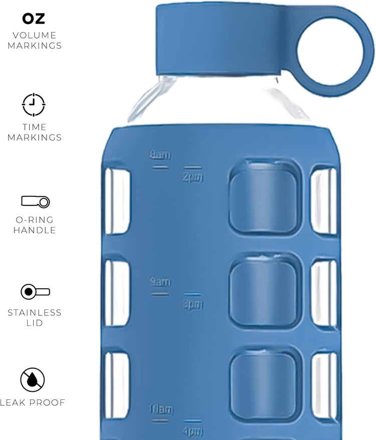 purifyou 40oz / 32oz / 22oz / 12oz Borosilicate Glass Water Bottle with Time & Volume Markers, Silicone Sleeve, Stainless Steel Lid – Reusable Glass Bottle for Water & Juice (40oz Chinese Porcelain)