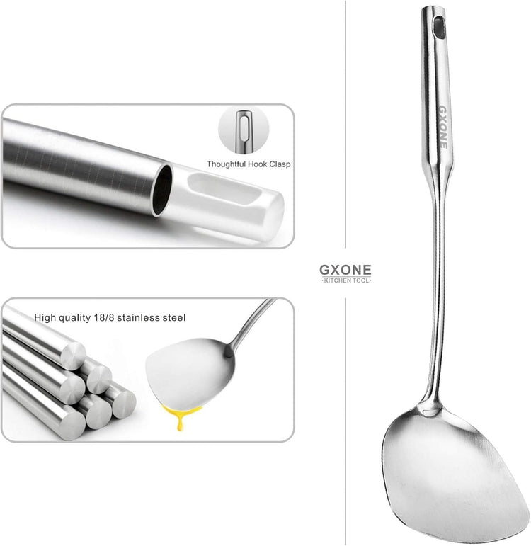 Wok Spatula Stainless Steel, Wide Metal Spatula with Hollow Long Handle Wok Utensils,Silver/14.7Inch
