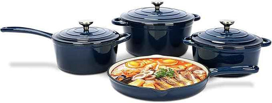 QuliMetal Nonstick Enameled Cast Iron Cookware Set, 5-Piece Pots and Pans Set with Lids, Dutch Oven, Saucepan and 3 Skillets, for All Stovetops, Oven Safe to 500°F