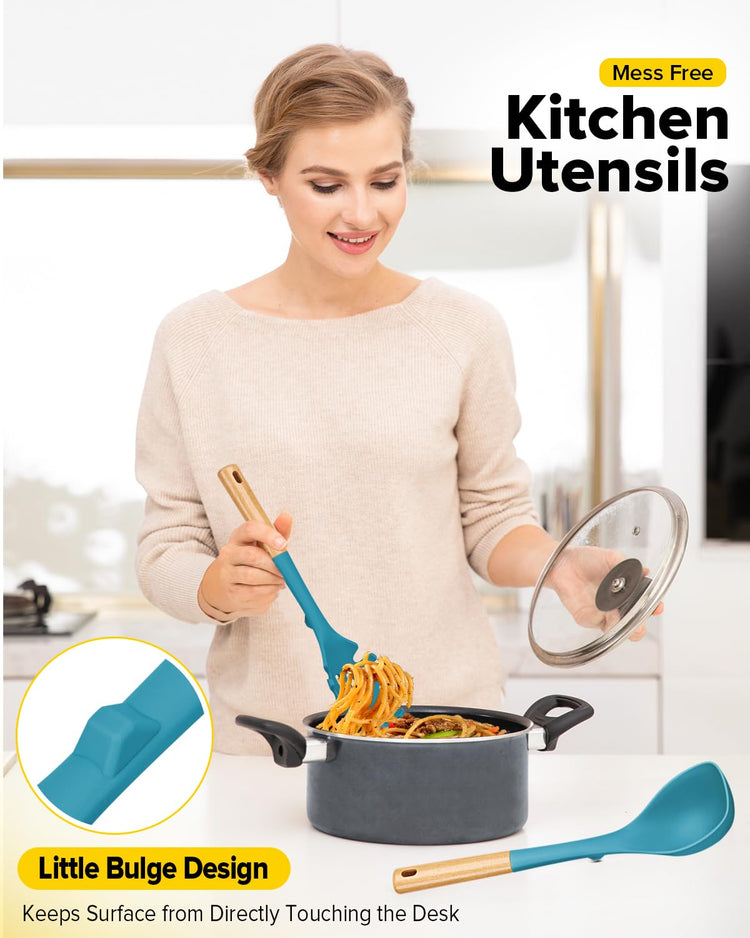 Silicone Soup Ladle and Spaghetti Spoon Set with Wooden Handle (2 Count)