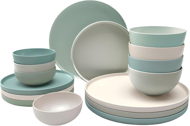 Sango Rollo 16-Piece Artist's Blend Casual Stoneware Dinnerware Set- Service for 4, Includes Larger & Smaller Bowls, Microwave & Dishwasher Safe, for Everyday Dining & Entertainment