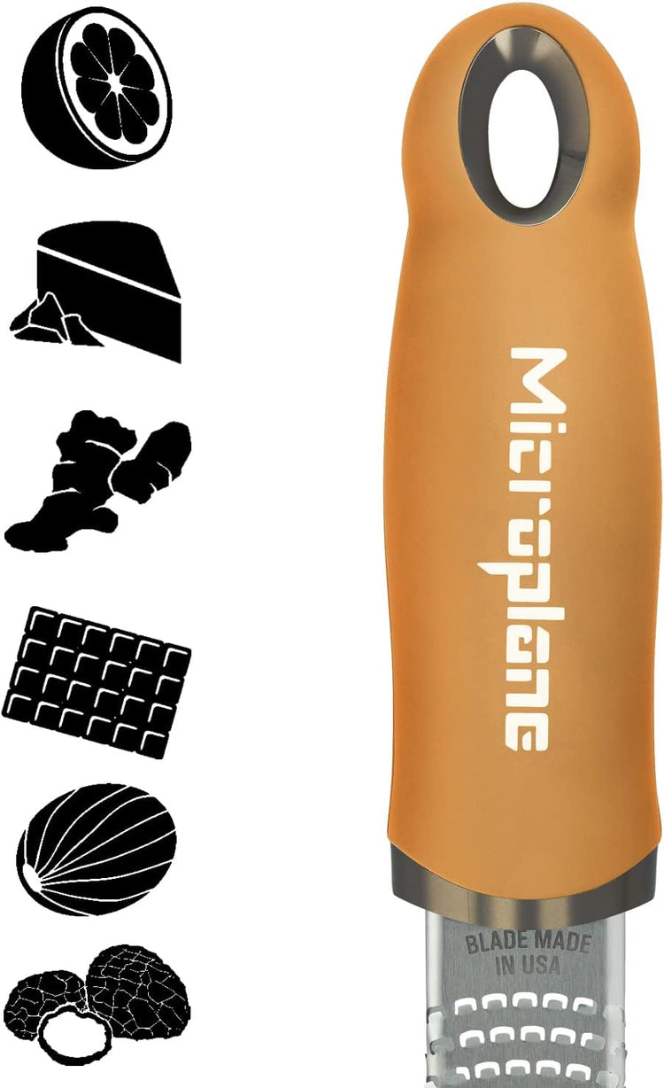 Microplane Premium Zester Grater in Mustard | Lemon Zester tool, Hard Cheese & Vegetable Grater | For Citrus, Parmesan Cheese, Garlic, Ginger, Nutmeg | Fine Stainless Steel Blade, Made in USA