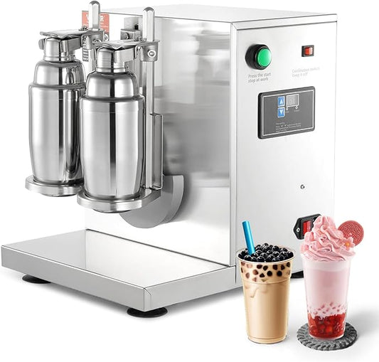 VEVOR Milk Tea Shaker, Electric Double Frame Milk Tea Shaker Machine, 0-180s Adjustable Milk Shake Mixer Machine with Double 750ML Stainless Steels Cups for Bubble Tea Boba Tea Juice Coffee Milk Wine