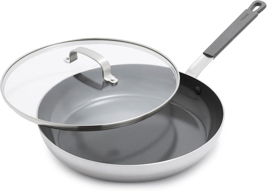 GreenPan x Bobby Flay Stainless Steel 12” Frying Pan Skillet & Glass Lid, Professional Grade Tri-Ply, Multiclad, PFAS-Free Ceramic Nonstick, Induction Suitable, Dishwasher & Oven Safe,Stay Cool Handle - Nestoria