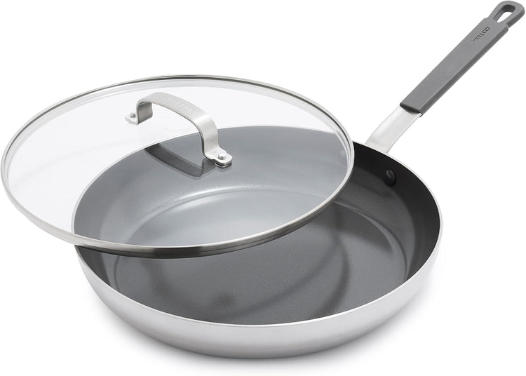 GreenPan x Bobby Flay Stainless Steel 12” Frying Pan Skillet & Glass Lid, Professional Grade Tri-Ply, Multiclad, PFAS-Free Ceramic Nonstick, Induction Suitable, Dishwasher & Oven Safe,Stay Cool Handle - Nestoria