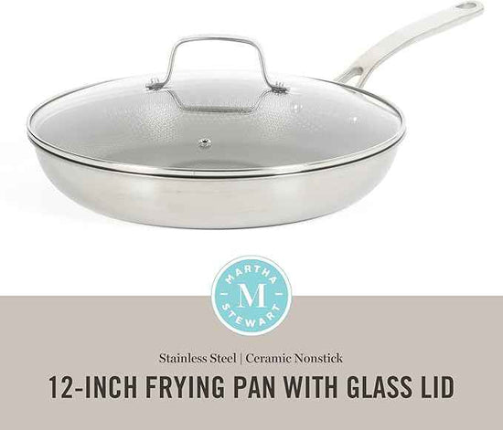 Martha Stewart Badgley Hybrid Nonstick 12 Inch TriPly Stainless Steel Large Fry Pan With Lid & Stay Cool Handle - Laser Etched Non-Toxic Perfect Sear Nonstick Skillet - Dishwasher and Induction Safe